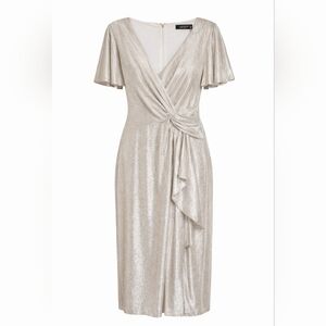 Ralph Lauren Black Label Metallic Wrap Dress Size 12 Champagne Silver Formal.